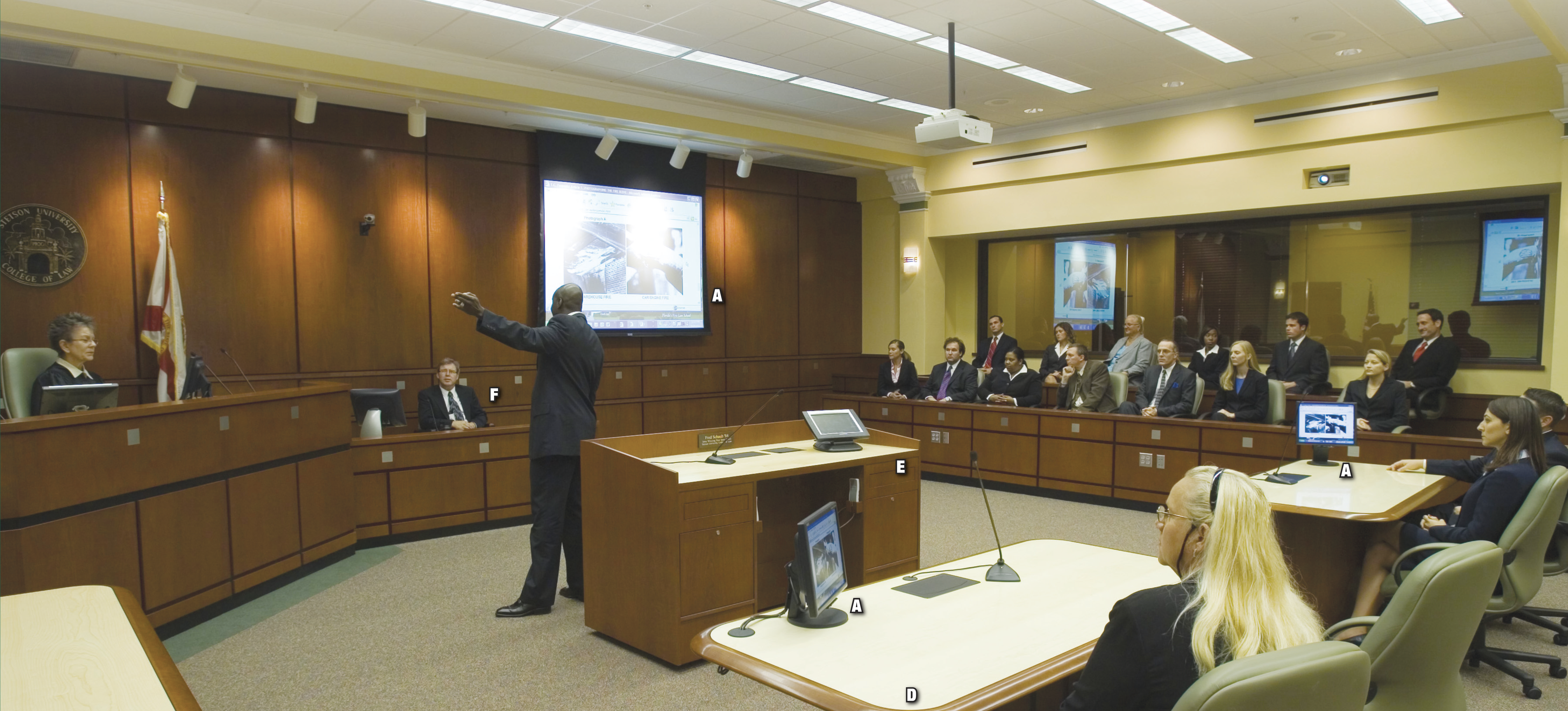 Photo showing the William R. Eleazer Courtroom marking key, improved features